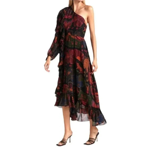 NWT Farm Rio Floral Ruffle Printed One-Shoulder Vacation Tropical Dress Size: XS - Picture 2 of 11